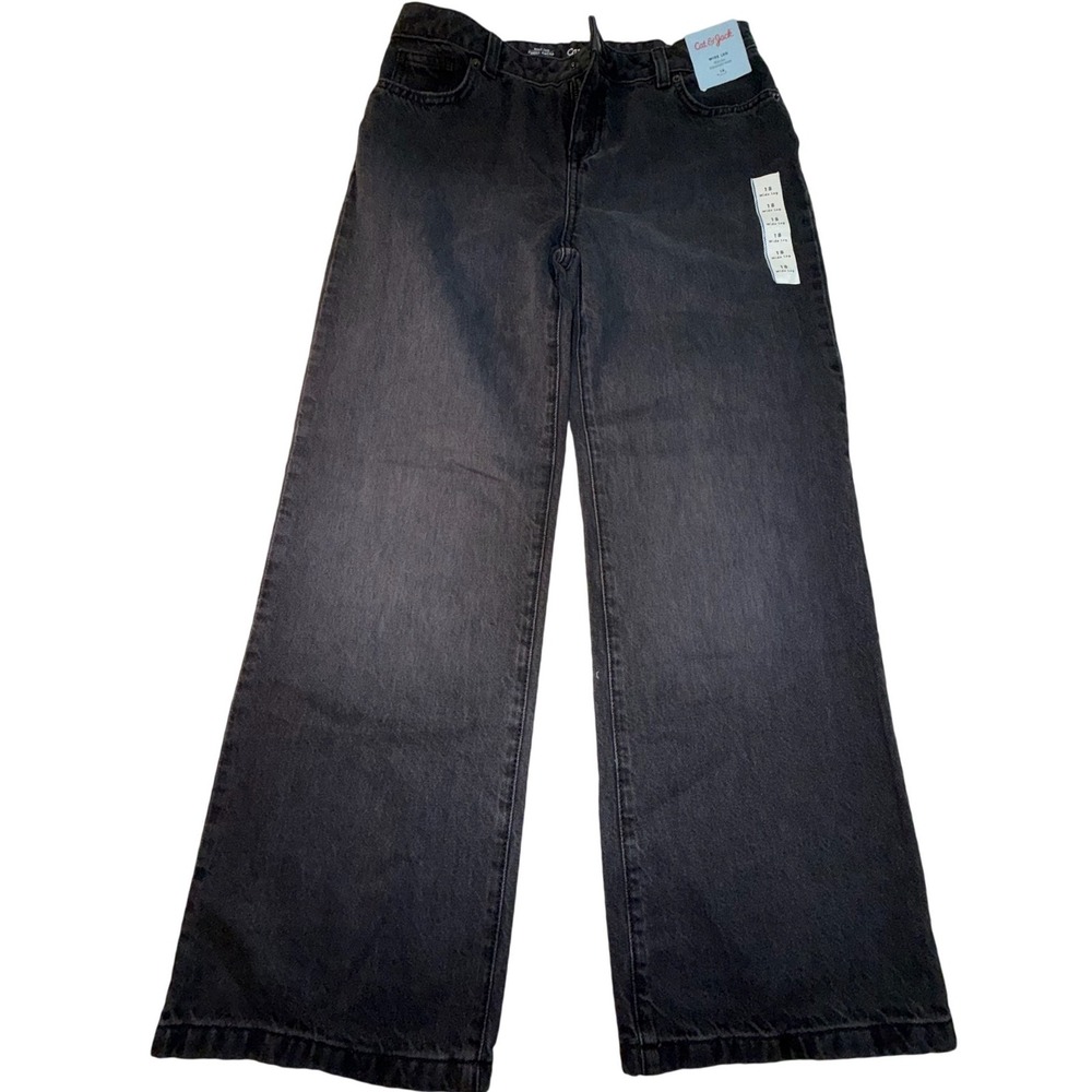 Cat & Jack Kids Wide Leg Jeans Washed Black Mid Rise Adjustable Waist 18 NWT
